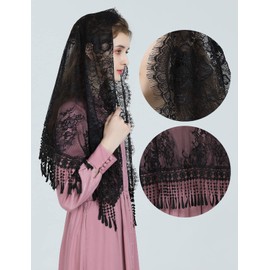 BEAUTELICATE Church Chapel Veil Lace Mantilla Head Cover Embroidered Shawl Scarf With Tassel For Women Catholic Latin Mass Holy Communion Religious Ceremony Wedding