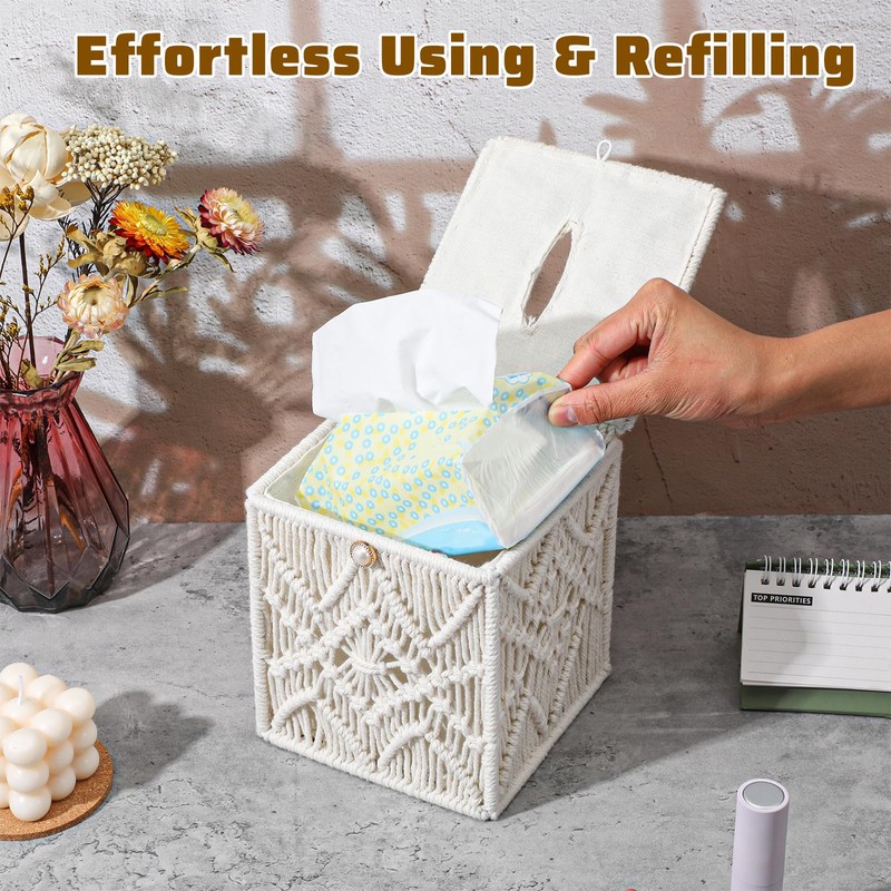 Macrame Tissue Box Cover Boho Decor - 6.7" Ivory Square