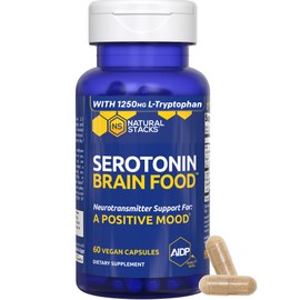 Serotonin Brain Food - 1250mg L-Tryptophan & 400mg Rhodiola Rosea Supplement - Mood Support Supplement for Stress Relief - Neurotransmitter Support with Magnesium Glycinate & Zinc - 60 Capsules