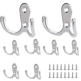 YSDMY Pack of 8 Coat Hooks, Silver, Double Wall Hooks, Coat Hooks, Vintage Coat Hooks with Screws for Bathroom, Kitchen, Bedroom, Wardrobe
