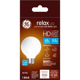 GE Relax LED Light Bulb, 60 Watt, Soft White, G25 Globe Bulb, Frosted, Medium Base (1 Pack)
