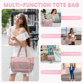 BOSSTIN Tote Bag for Women, Large Tote Bag with Zipper, Lightweight Shoulder Bag Handbag with Compartments for Work Pink