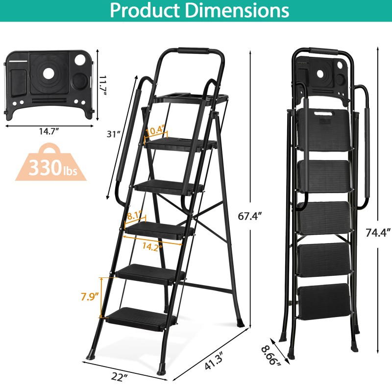 SEGAWE 5 Step Ladder Folding Step Stool w Wide Anti-Slip