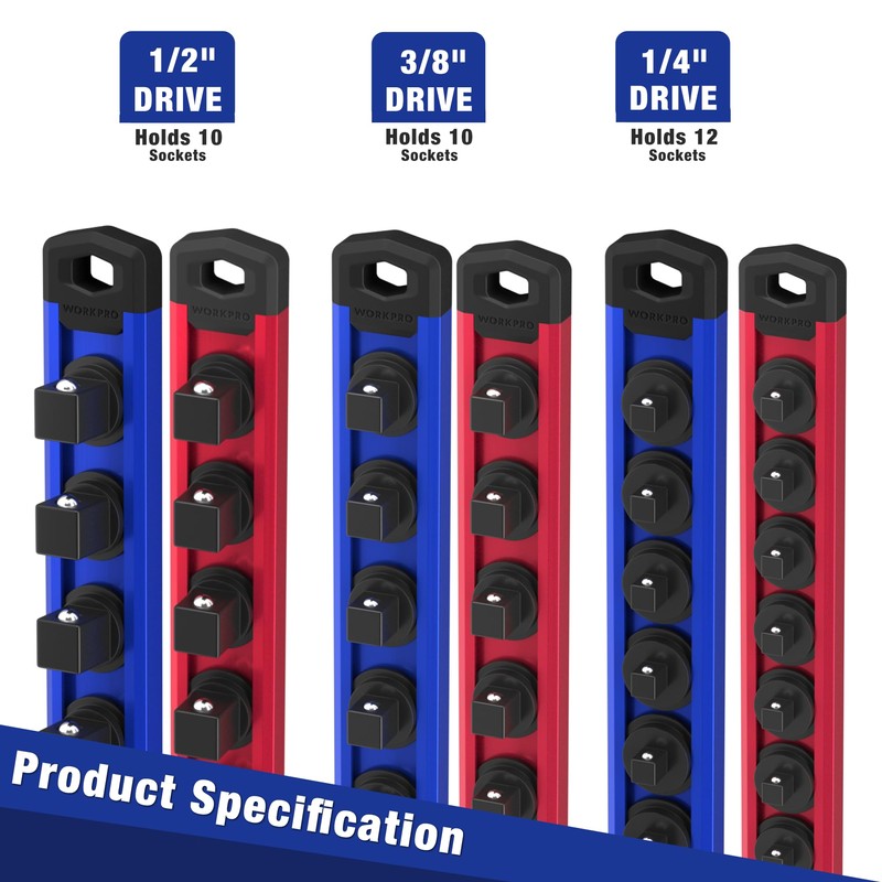 WORKPRO Magnetic Socket Organizer Set, 6-Piece Aluminum Alloy Socket Rail,