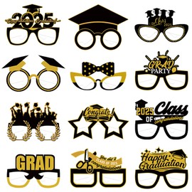 Runloon 12Pcs Graduation Eyeglasses, Black Gold Class of 2025 Graduation Paper Glasses for 2025 Graduation Party Supplies