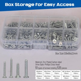 AMLOOPH Self Tapping Small Screws For Wood, 535pcs M2 M2.5 M3 Small Wood Screws Assortment, 6-8-10-12-16-20mm Flat Head Assorted Wood Screws Set Mixed, Tiny Fastening Screws Pack With Plastic Box