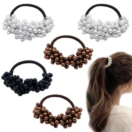 FAFAHOUSE 5 PACK Pearl Elastic Hair Ties, White Hair Scrunchies Weave Hair Bands Hair Rope Leisure for Women and Girls Ponytail Holder