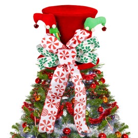 Christmas Tree Topper Hat,Large Red Velvet Hat with Elf Legs and Bowknot Christmas Tree Decorations for Home Office Holiday Tree Decoration Xmas Gift