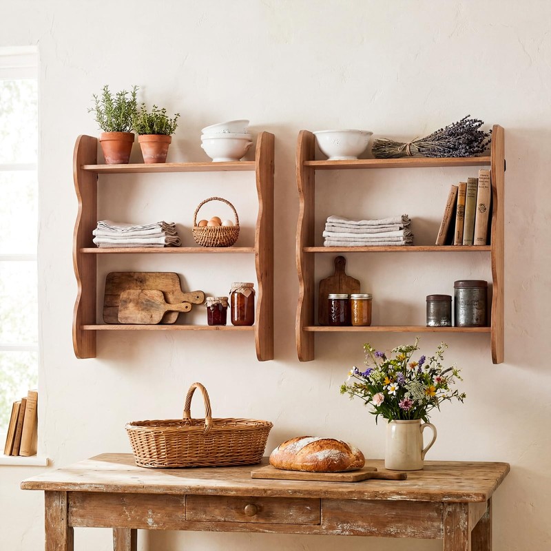 Cinnvoice 2 Pcs Solid Wood Wall Shelf 3-Tier Rustic Floating