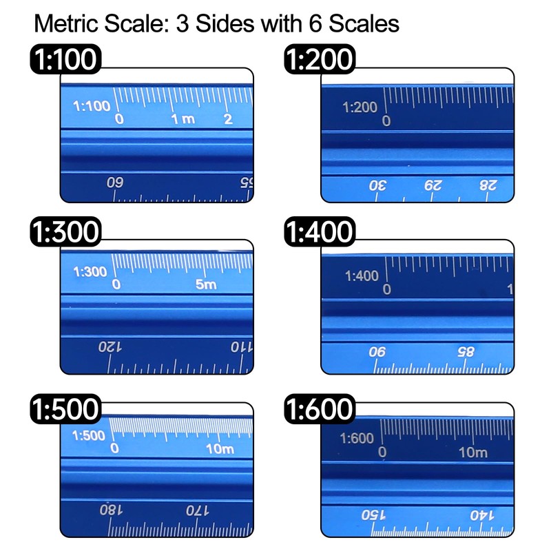 Kyuionty Metric Engineer Scale Ruler 12 Inch, Aluminum Laser-Etched Triangular