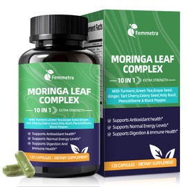 Moringa Turmeric Capsules, Femmetra 10-in-1 Moringa Leaf Complex, Energy, Skin, Immune & Gut Health Superfood, Rich in Antioxidants, Vitamins & Amino Acids with EGCG Grape Ginger Basil Extract, 60 Day