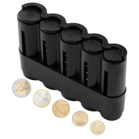 Coin Box with 5 Compartments, Coin Dispenser in Black, Change Sorter for €2, 1€, 50 Cent, 20 Cents and 10 Cent, Robust Plastic Design
