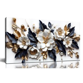 HUBOSKN Flower Pictures Wall Decor for Living Room - Blue White and Gold Wall Art for Bedroom - Modern Wall Decor for Bedroom Women Size 20" x 40"