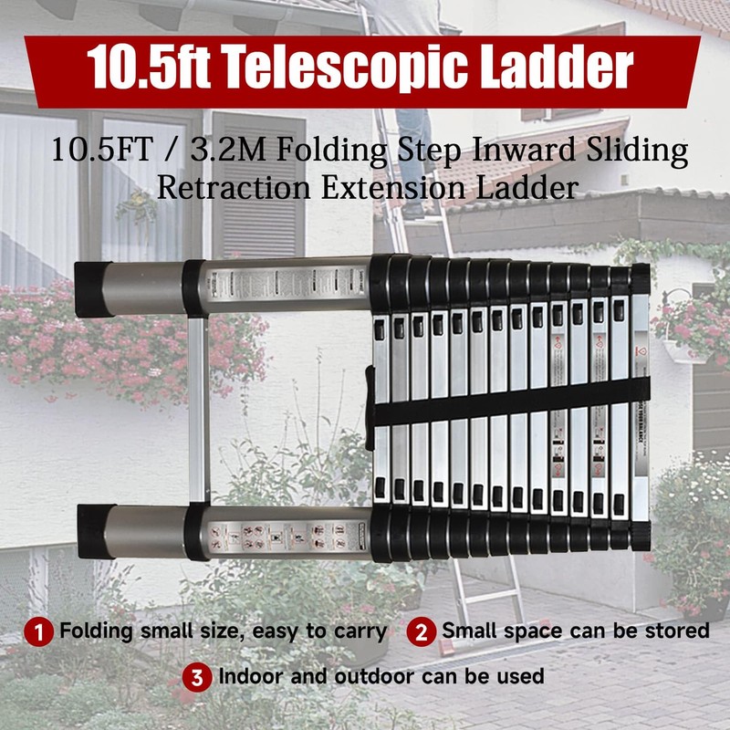 findmall 10.5FT / 3.2M Aluminum Telescopic Ladder Folding Step Inward