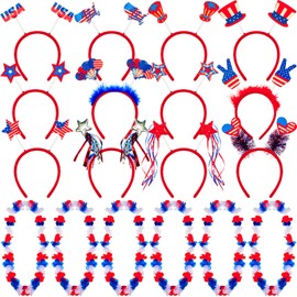4th of July Party Accessories - 12 Patriotic Headbands, 12 Independence Flower Leis, Red White Blue Star USA Flag Head Boppers for Memorial Day and Labor Day