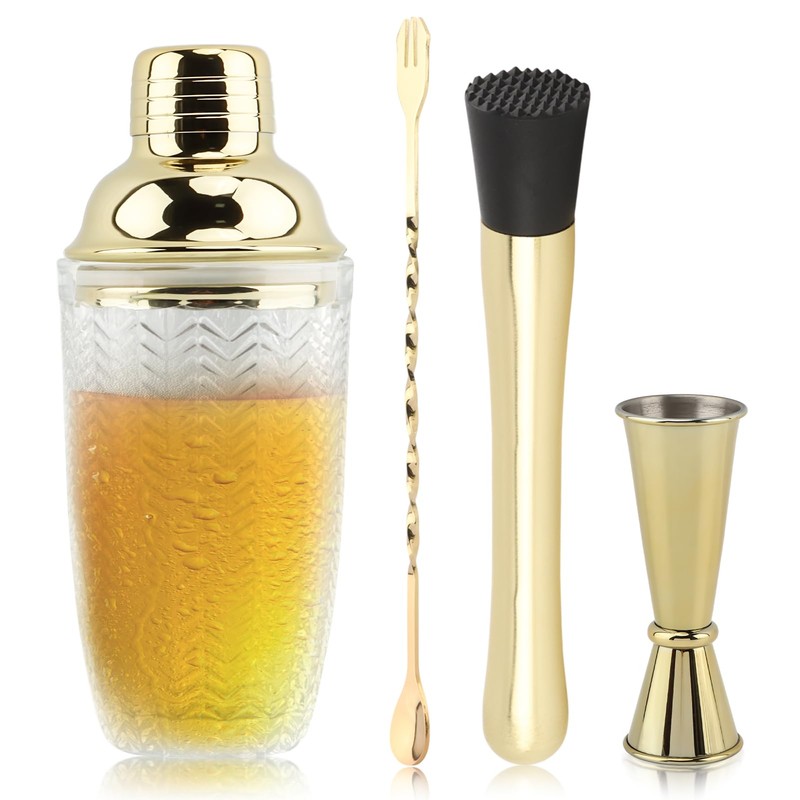 Gold Cocktail Shaker Set with Measuring Jigger, Mixing Spoon &
