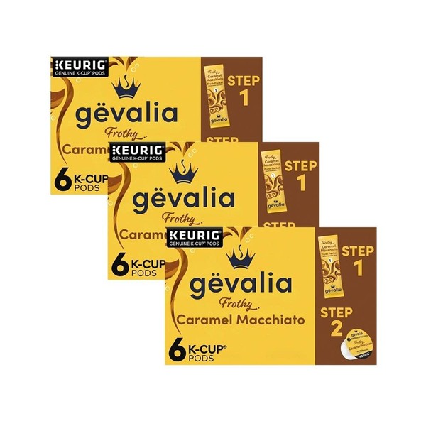 Gevalia Caramel Macchiato 2-Step K-Cup & Froth Packets, 6-Count, 5.6 oz. Box (Pack of 3) [Retail Packaging]