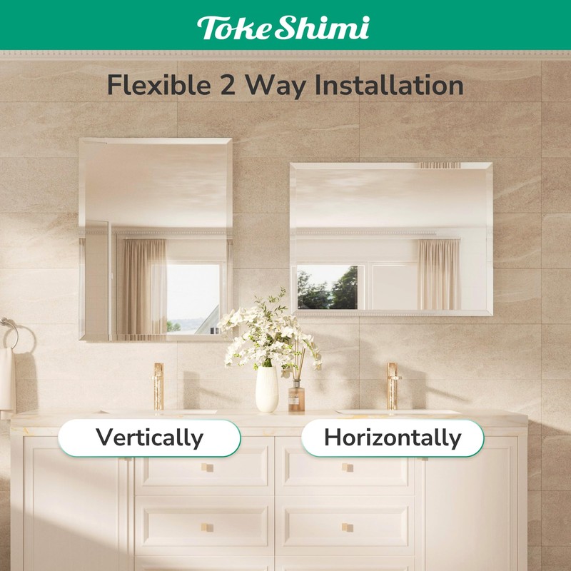 TokeShimi 24x30 Frameless Bathroom Mirror for Over Sink, Tempered Beveled