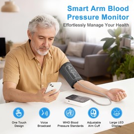Blood Pressure Monitor Upper Arm - Bluetooth iOS & Android Compatible One-Button Operation Voice Broadcast Large LED Display Backlit 2x120 Memory Adjustable Cuff 8.7"-16.5" with Storage Bag Black