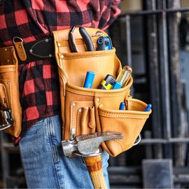 ToolTreaux 10 Pocket Heavy Duty Leather Tool Pouch for Carpentry Electrician Tools DIY Contractor Bags, 12 x 10 Inches