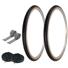 PRO+ Pair of Bicycle TIRE 700 X 35 Black/Gum SIDEWALL (2) Tires W/Heavy Duty Tubes 48MM Presta Valve & Rim Strips P-1180