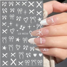 Heart Bows Nail Art Stickers Decals 4 Pcs White Red Pink Bow Tie Nail Design Stickers Bow Star Heart Nail Supplies Valentine's Day Nail Stickers Bowknot Nail Decals for Women Girls Nails Decoration