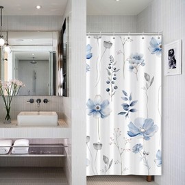 ASDCXZ Flowers Shower Curtain 120 x 200 cm, Spring Watercolour Blue Grey Flowers Leaves Plants White Bathroom Washable Narrow Shower Curtains Polyester Textile Waterproof Shower Curtain for Bath with 8 Hooks