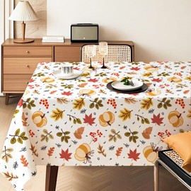 LOSIVISHE Thanksgiving Waterproof Tablecloth – Fall Harvest Pumpkins, Maple Leaves & Berries Print – Autumn Rectangle Table Cover for Dining or Party, White, W60 x L84 in