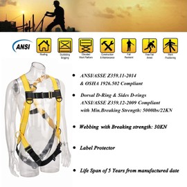 WELKFORDER 3D-Ring Industrial Fall Protection Safety Harness ANSI/ASSE Z359.11-2014 Compliant Full Body Personal Protection Equipment 3-Point Adjustment Universal 310 lbs