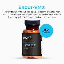 ENDUR-VM - Without Iron – Sustained-Release Daily Multi-Vitamin - Vitamin A, Vitamin C, Vitamin D, Vitamin E, Vitamin B12 - Zinc for Immune Health Support + Calcium & More - 150 Tablets