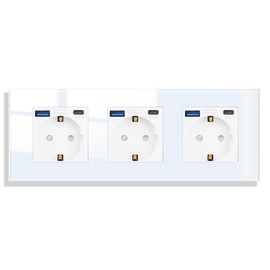 JIMEIDA Glass Socket with USB 20 W Fast Charging in White Flush-Mounted Triple 16 Amp Sockets with USB A and Type C Max. 3.1 A, 228 x 86 mm, 250 V