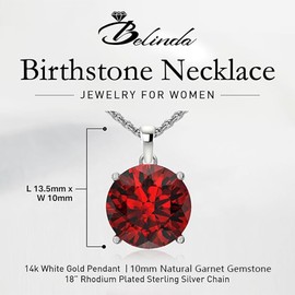 Belinda Jewelz - Round Birthstone Necklace, Gemstone Pendant Necklace with Prong Setting, 14K White Gold Necklace for Women with 18” Rhodium-Plated Sterling Silver Chain, Garnet Necklace