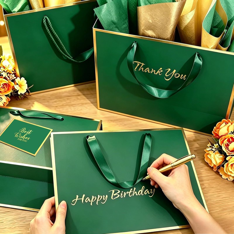 Epoesch 3 Pack Green Medium Gift Bags with Handles and