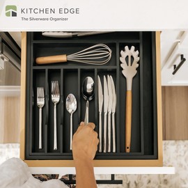 KitchenEdge Premium Silverware, Flatware and Utensil Organizer for Kitchen Drawers, Food-Safe Contract Grade, Expandable from 14.5 to 25 In, Black Bamboo