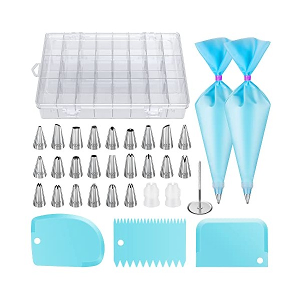 InnoGear 32-Pieces Cake Piping Nozzles Tips Kits with 2 Reusable Piping Bags, 2 Coupler, 3 Plastic Scrapers, 1 Flower Nail, and Storage Case, Stainless Steel, Silver