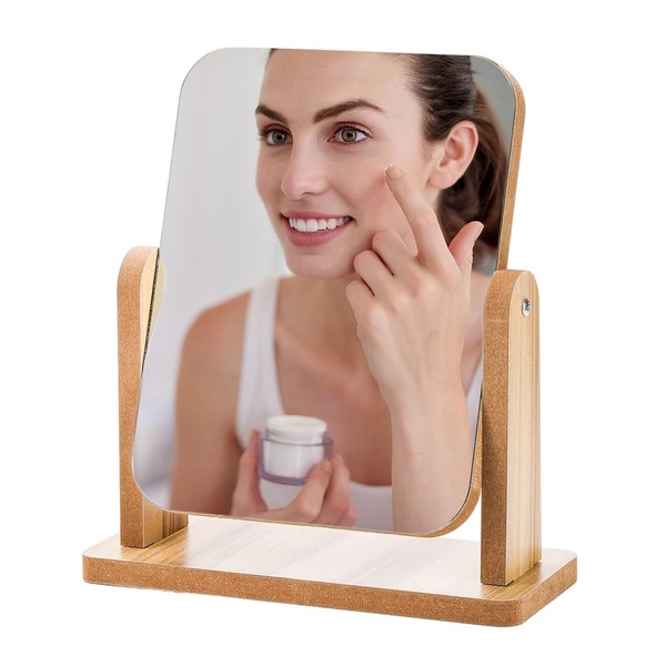 Wooden Cosmetic Mirror Small Standing Mirror 360° 21 x 18 cm with Stand Wooden Makeup Mirror Shaving Mirror Standing Mirror Desk Mirror for Bathroom Bedroom