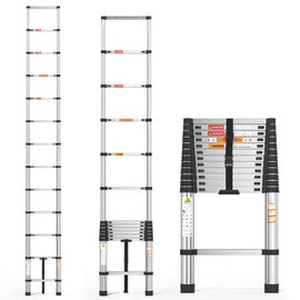 Stainless Steel Telescoping Ladder, 12.5FT/3.8m Compact Folding Ladder with 330lbs Max Capacity and Tested to EN131 Folding Ladder, Anti-Slip Rubber Feet for Home, Outdoor, Attic, DIY Work