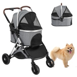 Generic Pet Stroller 3 in 1 Multifunction 4 Wheels Folding Dog Cat Jogger Stroller Detachable Carrier Storage Basket Lightweight Travel Stroller for Puppies Doggies Kitties,Grey