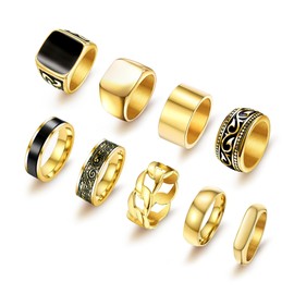 FEYIR 9 Pcs Men's Stainless Steel Vintage Signet Ring Square Pinky Thumb Chunky Thin Band Cuban Link Ring Biker Rings Set for Men