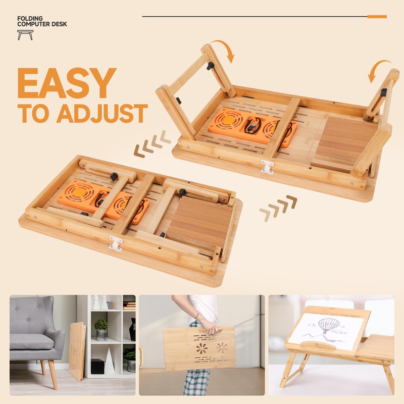 JELNER Adjustable Bamboo Laptop Desk with Cooling Fan, Foldable Bed