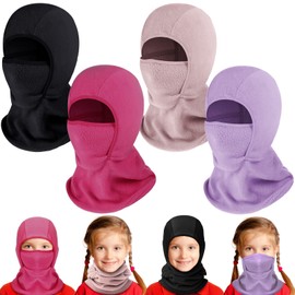4 Máscaras de Pasamontañas para Niños Resistentes al Viento de Forro Polar de Invierno para Esquí Ciclismo (Negro, Morado, Rosa)