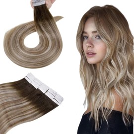 Hetto Tape in Hair Extensions Human Hair Tapes in Extension Balayage Tape ins Human Hair Extensions Brown to Medium Brown mixed Blonde 3/8/22 40g 12Inch 20pcs