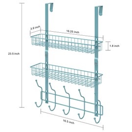 Over The Door Hook Rack with 5 Hooks 2 Baskets Steel, Sturdy Durable Coat Rack Towel Hooks Hanging Organizer Shelves for Home Bedroom Bathroom Kitchen, Brown