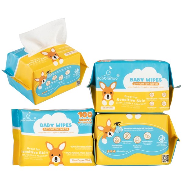 BabbleRoo Dry Baby Wipes - 100% Plant-Based Cotton Wipes, Hypoallergenic,