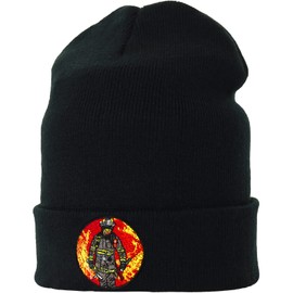 EXPRESS-STICKEREI Knitted Hat Children's Premium Beanie Wool Hat with Embroidery Unisex Hat Children's Winter Hat / Wool Hat with Brim Stretchy Beanie Accessory Black Streetwear, Black/Fireman