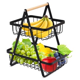 Fruit Basket Stand 2 Tier Metal with Wooden Handle, Removable Fruit Basket, Fruit Storage for Kitchen, Fruit and Vegetable Storage, Standing Fruit Baskets Shelf, Black