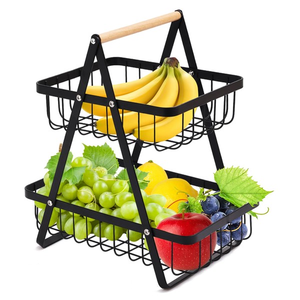 Fruit Basket Stand 2 Tier Metal with Wooden Handle, Removable