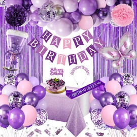 Purple Pink Birthday Decorations with Happy Birthday Banner, Latex Confetti Balloons, 3D Butterfly, Fringe Curtain, Tablecloth, Sash Tiara Crown, Pom Poms for Women Girls Princess Party Supplies