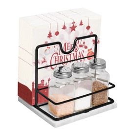 Napkin Holder, Napkin Holder for Table, Marble Napkin holders for Kitchen with Salt and Pepper Shakers Caddy, Modern Napkin Dispenser Holders for Paper Napkins (Marble Base, Black Napkin Holder)