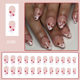 Heart Press on Nails Short Round Fake Nails with Design White French tips Glue on Nails Almond Stick on Nails Glossy Reusable Valentines Day False Nails for Women Girls Manicure 24pcs